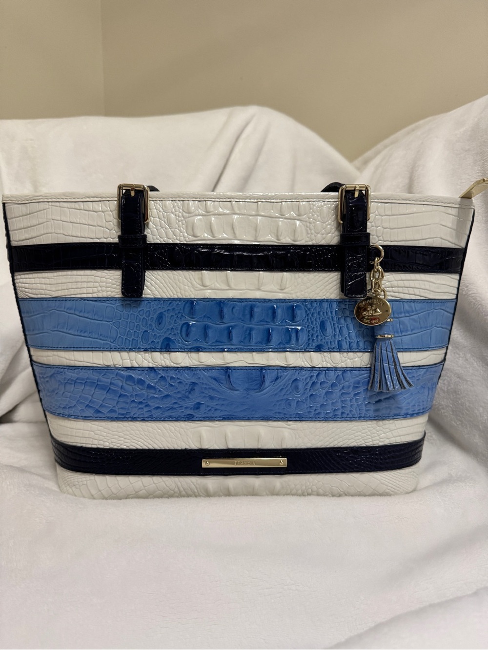 Brahmin Asher Tote Crocodile Embossed Leather, Tassel Charm, Striped Blue White